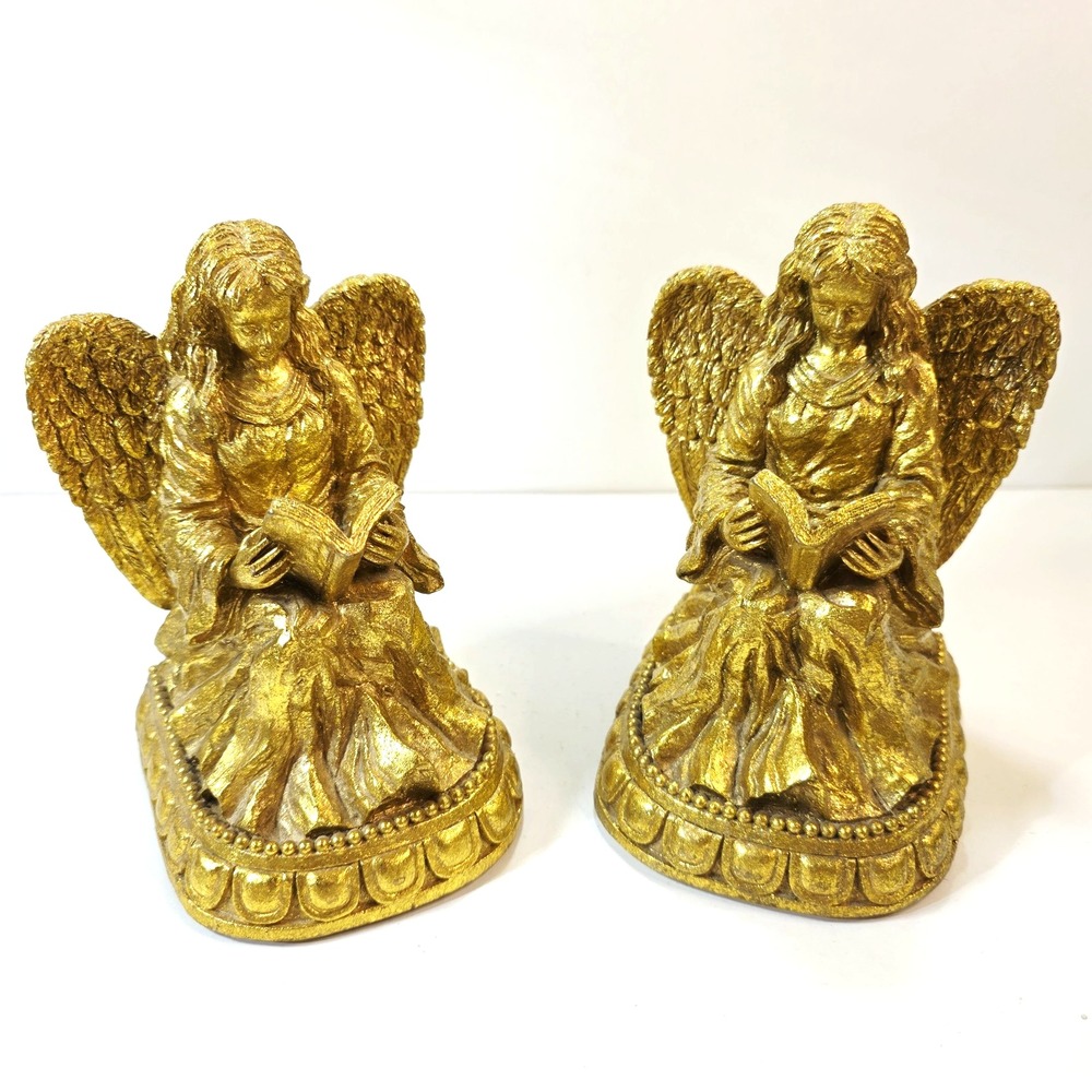 Vintage Gold Tone Resin Reading Angel Bookends Heavenly Cherub Figurines Heavy